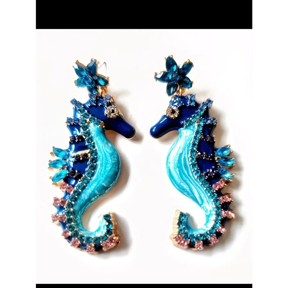 Blue Rhinestone Sea-Horse Earrings